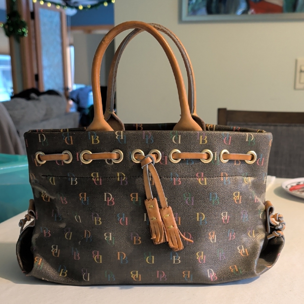 Dooney & Bourke Brown Multicolor Logo Tote with Tan Leather Trim